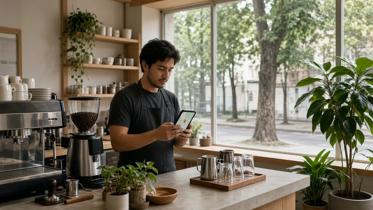Barista de un café en la Ciudad de México revisa en su celular la ubicación de su negocio en el mapa